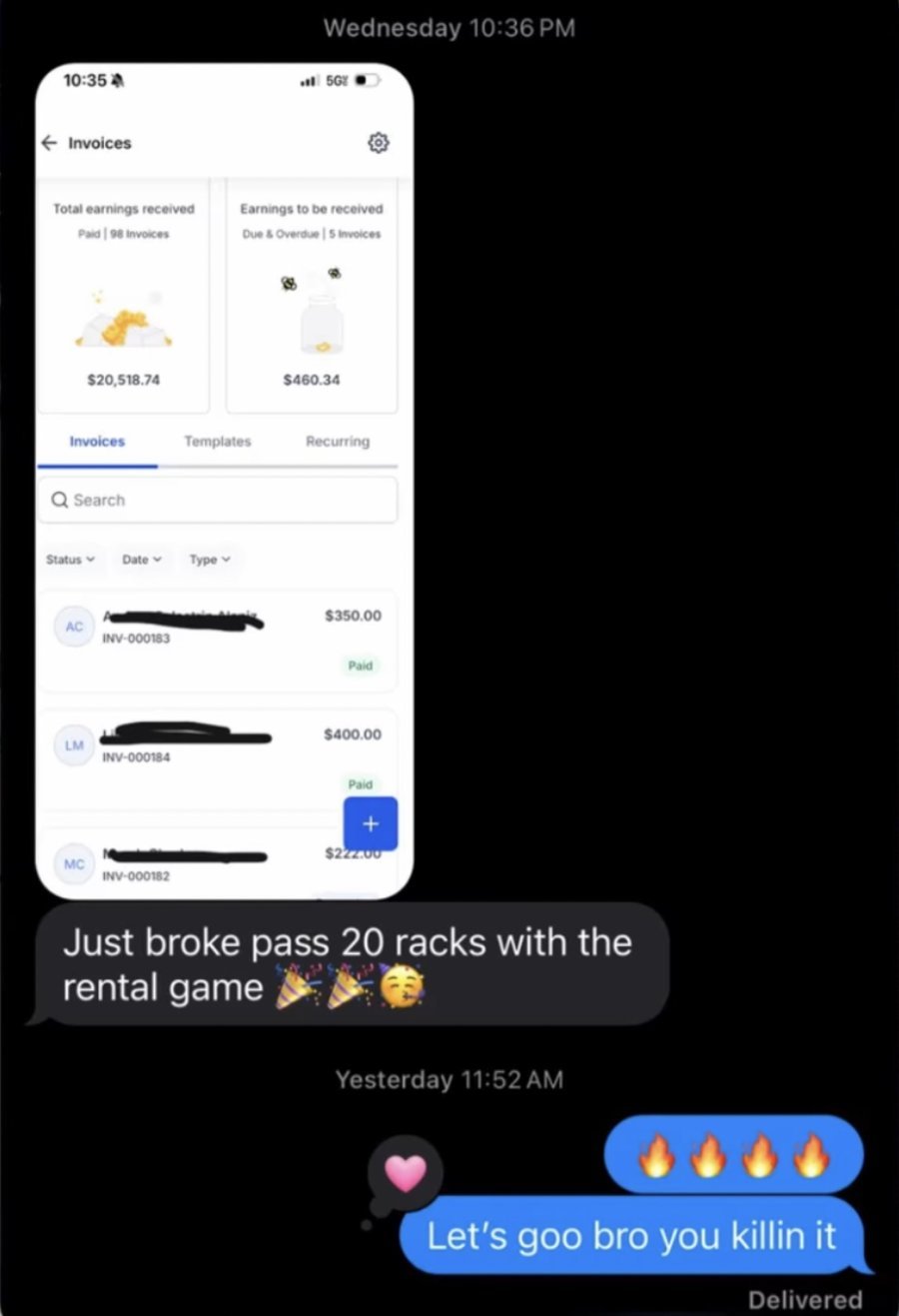 Text from a student sharing an invoice screen showing over $20,000 in rental earnings received